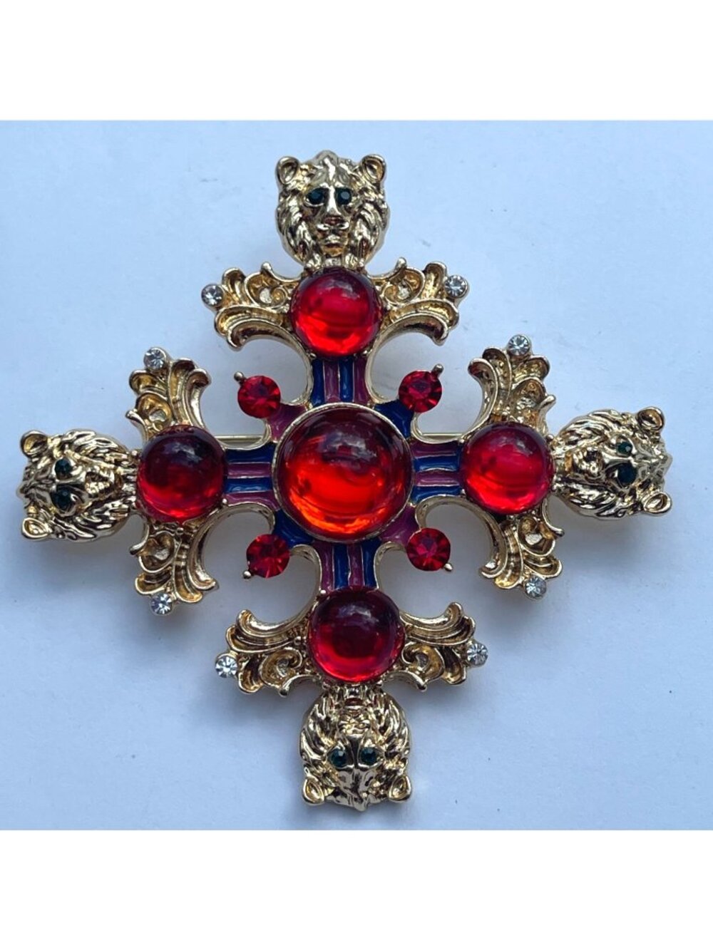 Heraldic Medieval Maltese Cross Pin Brooch Red Blue Gold Lion Accents Vintage St